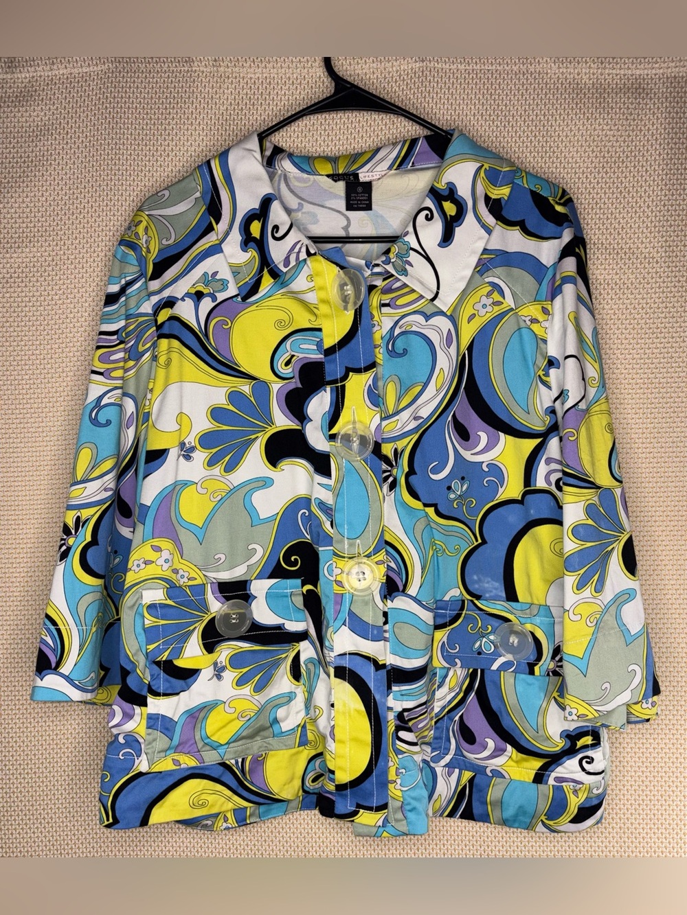 Vintage Focus 2000 Retro 60s Psychedelic Swirl Print Button Up Jacket size 16
